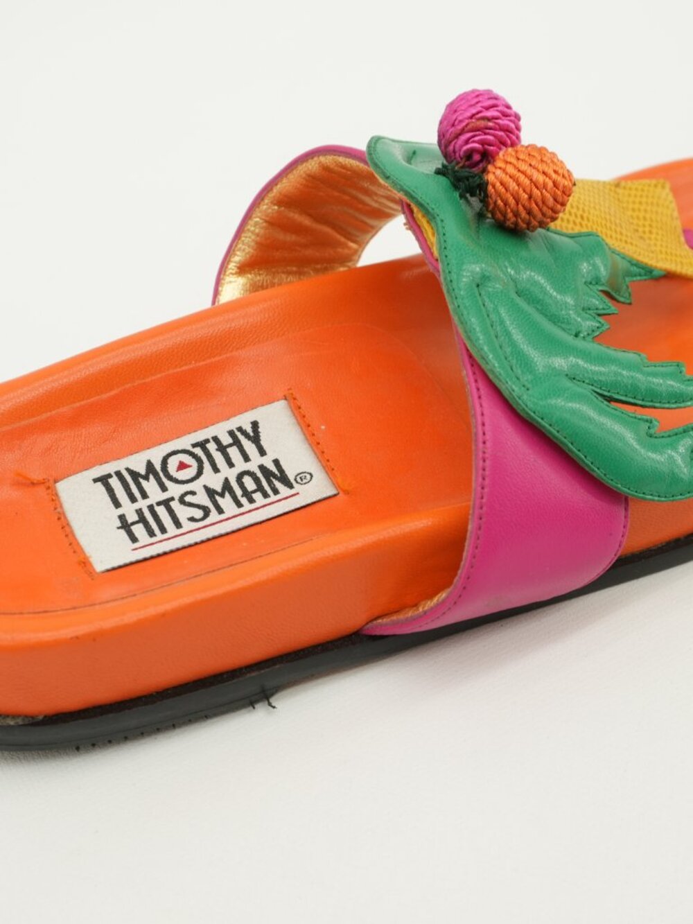 Leather Sandals Vintage Leather Palm Tree Flats Tropical Colorful Slides - Picture 6 of 12